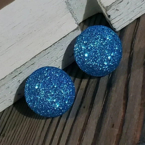 Retro 80s Club Glam Disco Sparkly Turquoise Blue Fabric Button Earrings - Picture 8 of 9